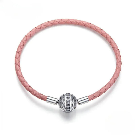 Pulsera de Cuero Rosa con Colgante de Esfera Plateada: Elegancia y Estilo Unidos